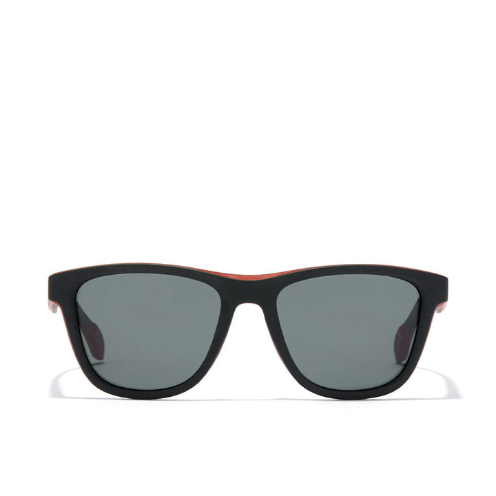 Matte black square sunglasses with red rubber details and polarised lenses, Unisex