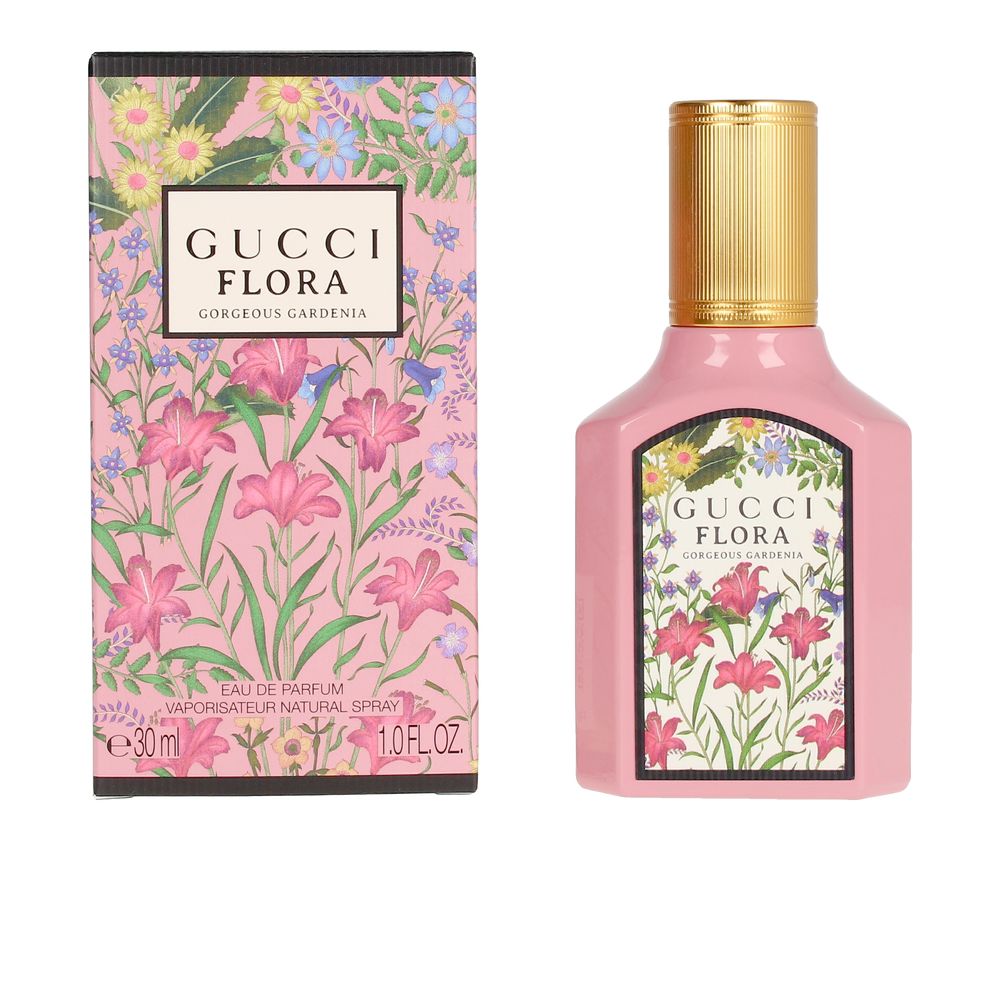 Pale pink glass perfume bottle with gilded cap and floral motif, 30 ml