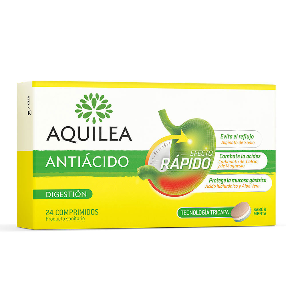 Pack of 24 mint chewable antacid tablets, white round tablets in blister