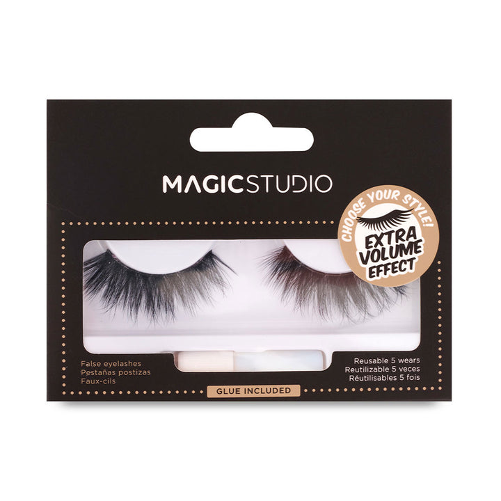 Pair of curved synthetic extra-volume false lashes in storage tray, vegan