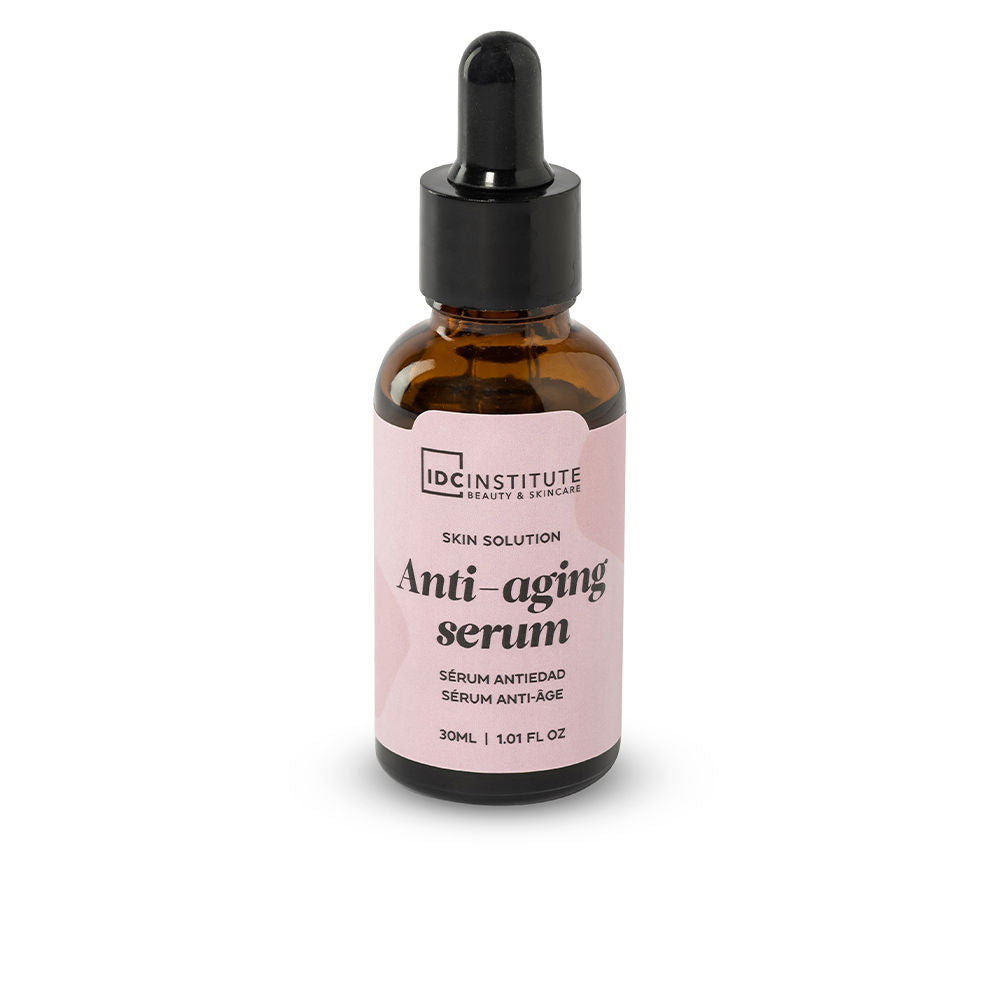 IDC Institute Small glass serum bottle with dropper cap, brown and black glass, pink label, refined finish