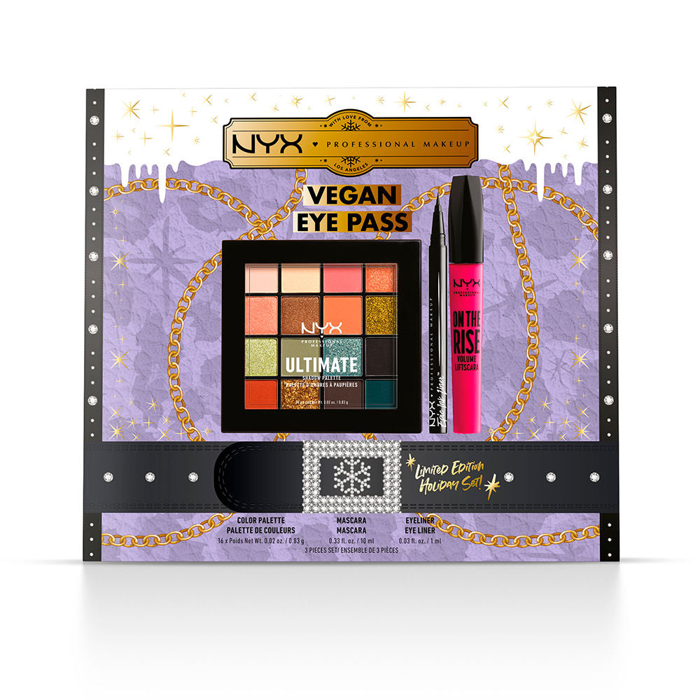 Nyx Professional Make Up Limited-edition eye makeup set with 16-color purple and multicolor palette, mascara, eyeliner, gold chain and rhinestone buckle graphic