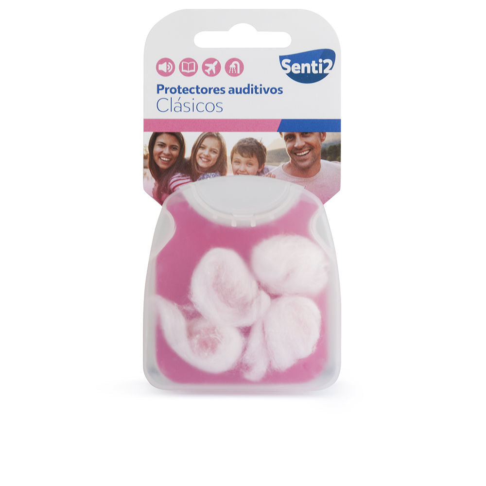 Senti2 Soft pink and white cotton earplugs, round shape, shown in compact plastic case with family image