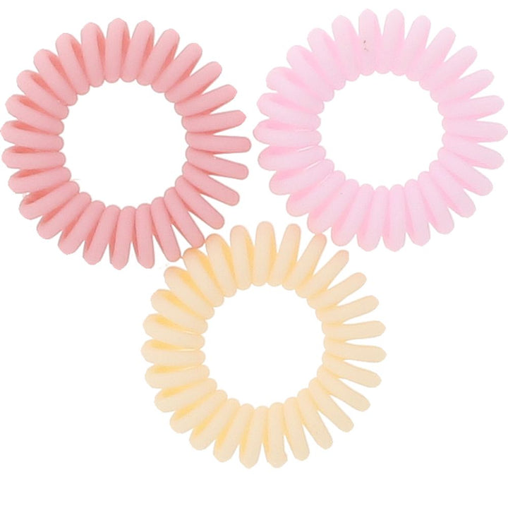 Three spiral hair bands in assorted colours, compact pack of three