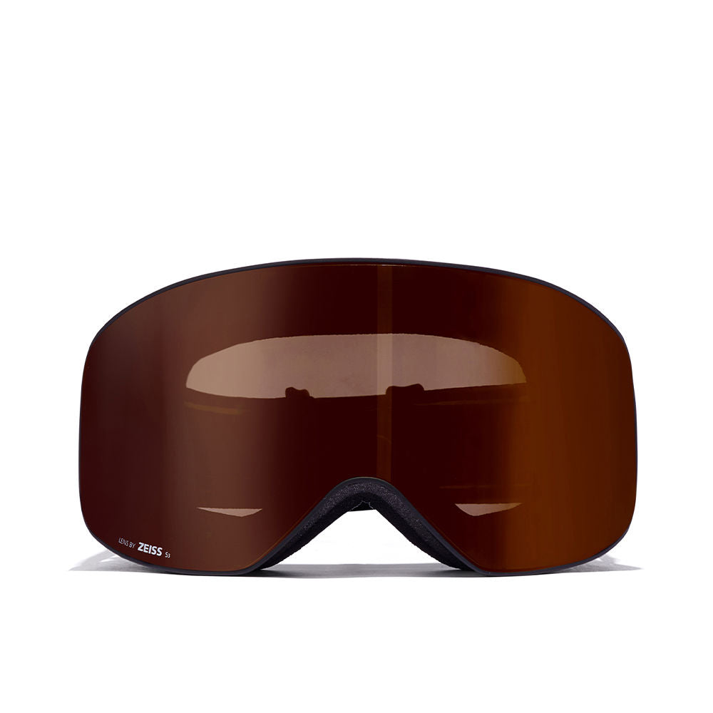 Black matte PU snow goggles with blue-striped 40 mm strap and ZEISS bronze lens