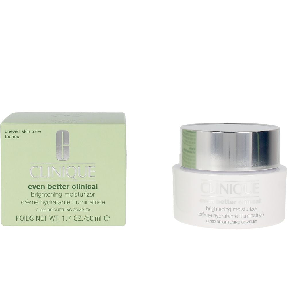50 ml jar of brightening clinical moisturiser with white jar and pale cream