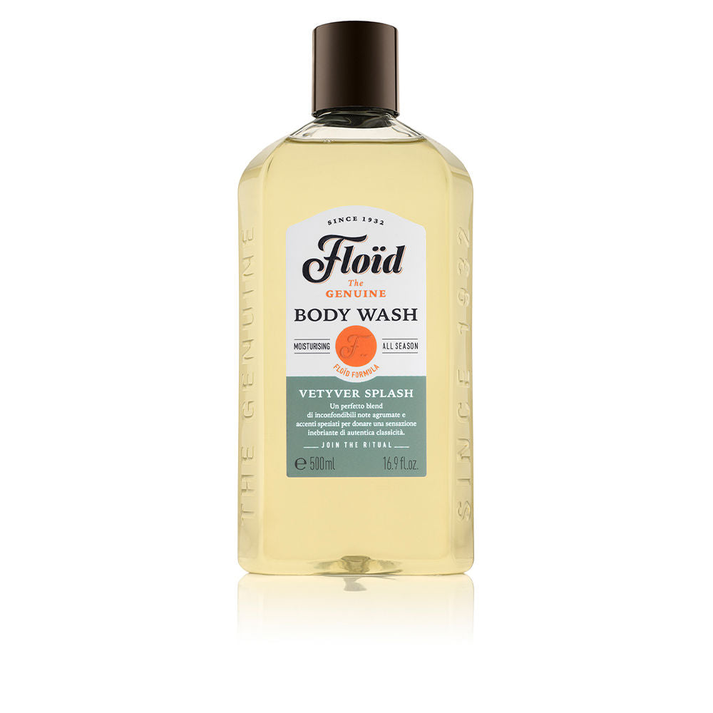 Tall 500 ml clear gel bottle with vetiver fragrance label, for body and hair
