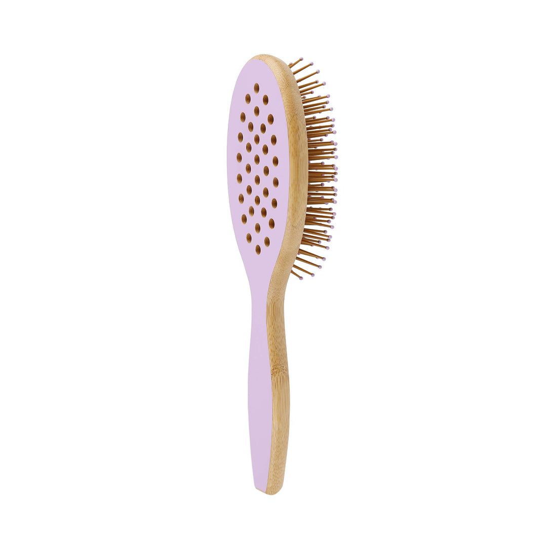 Oval bamboo hairbrush in lavender tone with vented cushion and anti‑static bristles