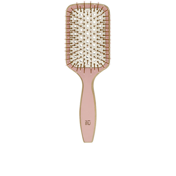 Compact bamboo paddle hairbrush, vented cushion, ergonomic handle, ball‑tipped bristles