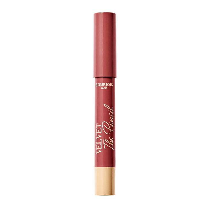 Twist-up velvet-matte lip pencil in deep vintage red, 1.8 g, slim cream stick