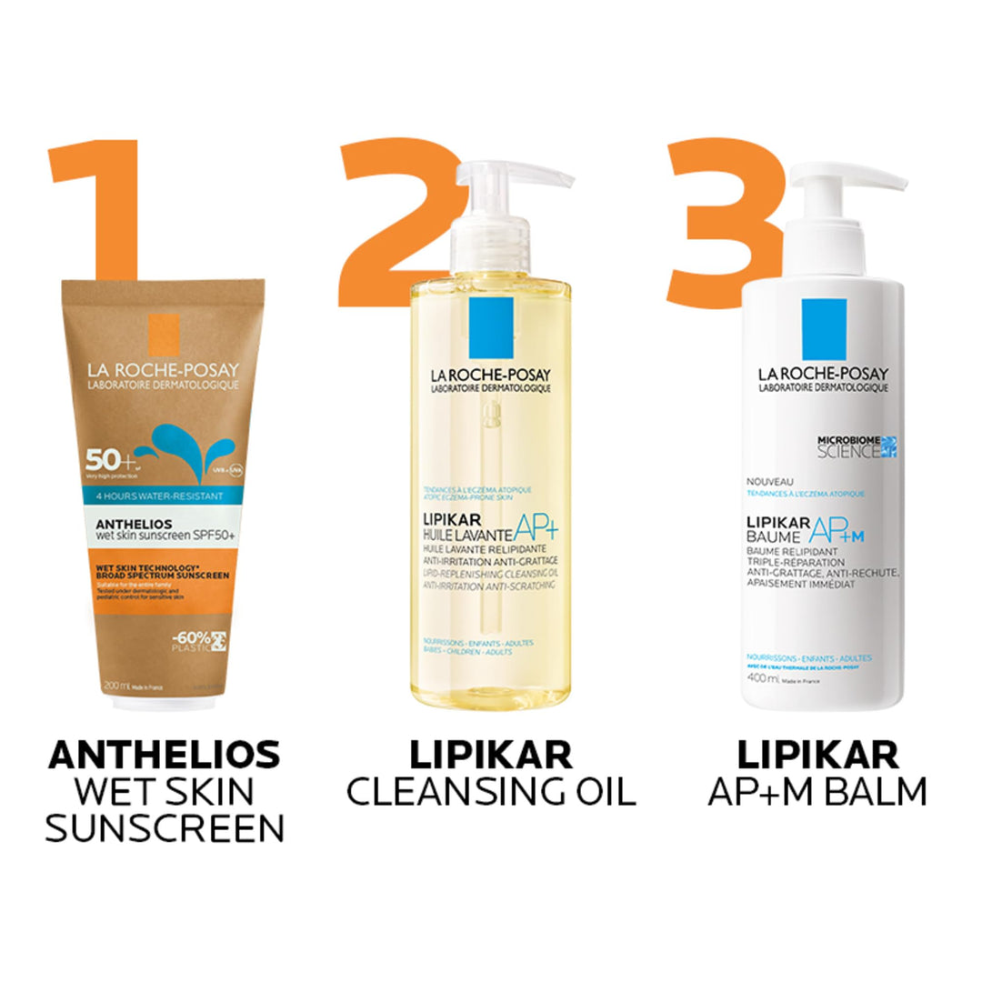 la Roche Posay Brown, blue and orange sunscreen tube with cartoon characters, prominent SPF number, sun icon, and QR code