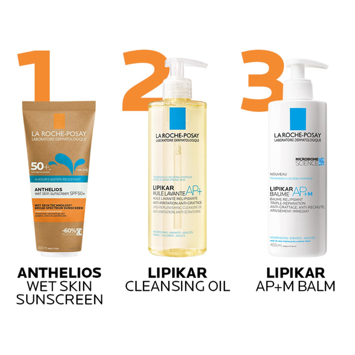 la Roche Posay Brown, blue and orange sunscreen tube with cartoon characters, prominent SPF number, sun icon, and QR code