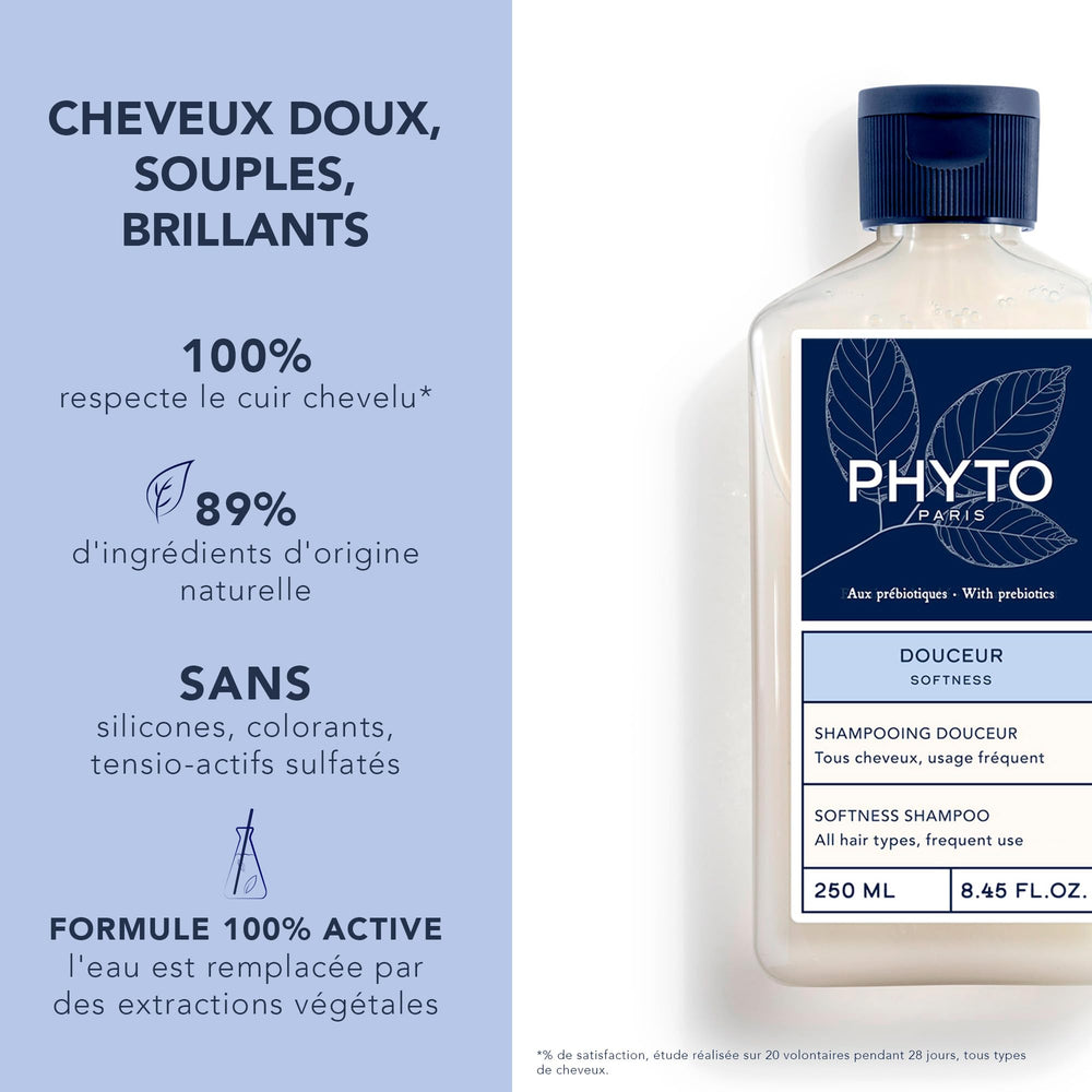 Bottle of Phyto Suavidad gentle shampoo for children and family, oat milk and white mallow benefits