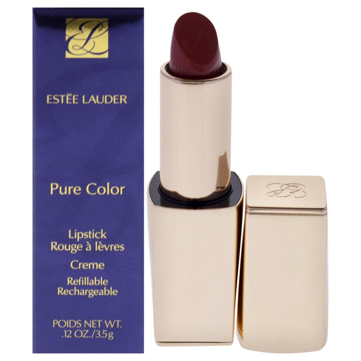 Satin-finish creme lipstick in warm red shade, 3.5 g bullet packaging
