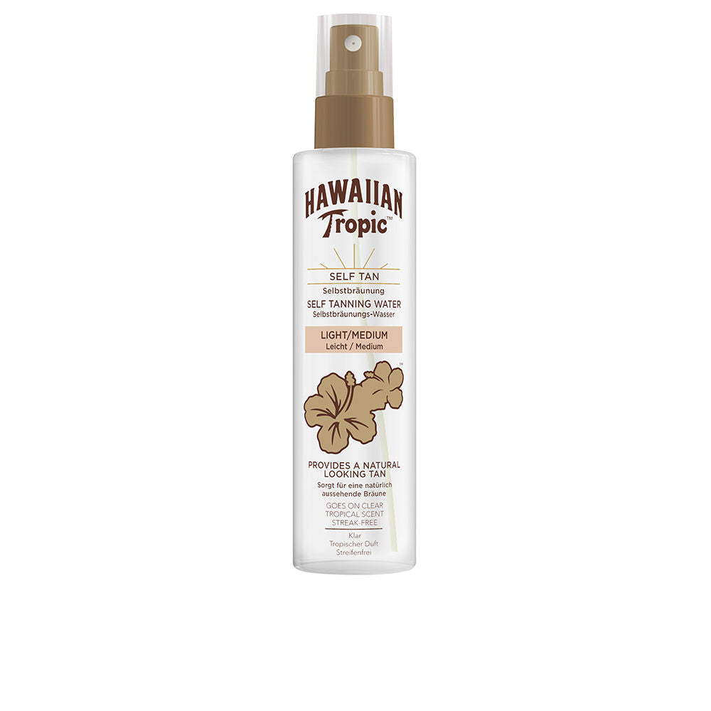 Hawaiian Tropic Transparent plastic spray bottle with brown cap, floral graphic and text labels, white liquid visible