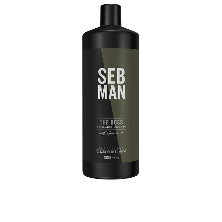 Tall 1,000 ml bottle of invigorating guaraná thickening shampoo for Man