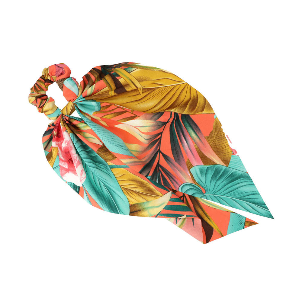 Printed scarf scrunchie with 35 cm attached scarf in tropical colourway, Unisex