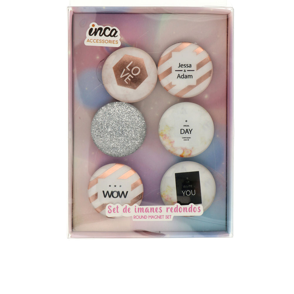 Six round message magnets arranged in a compact set on neutral background