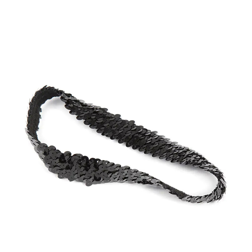 Inca Black fabric headband with sequins and elastic band, delicate shiny finish — .