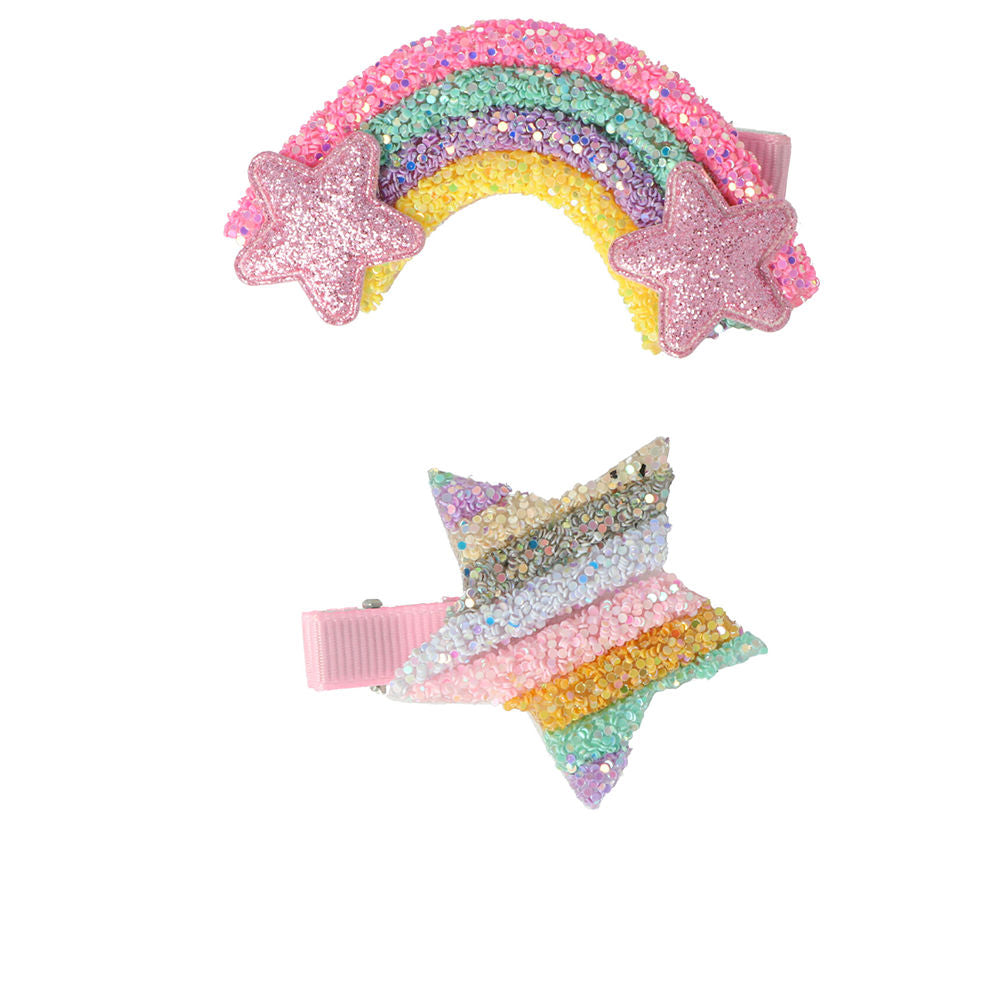 Sparkly fabric hair clips with sequins, star and rainbow shapes in pink, yellow, green, purple, blue, white, gold — Inca
