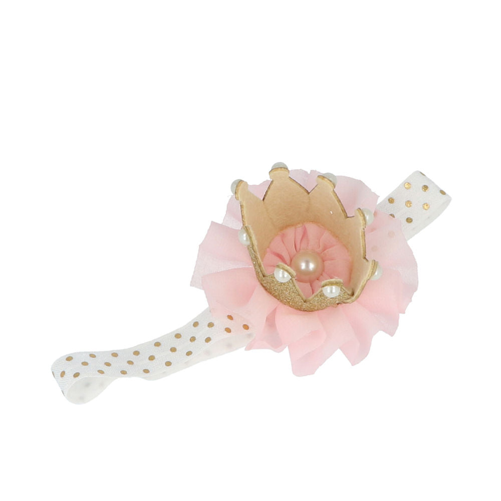 Inca Soft pink fabric headband with ruffled polka-dot crown, gold trim and pearl accents