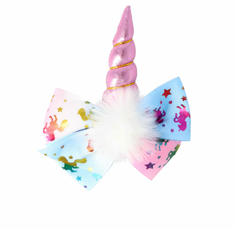 Inca Pink, blue, white fabric unicorn hair clip with gold horn, bow, fluffy faux-fur pom-pom, star prints