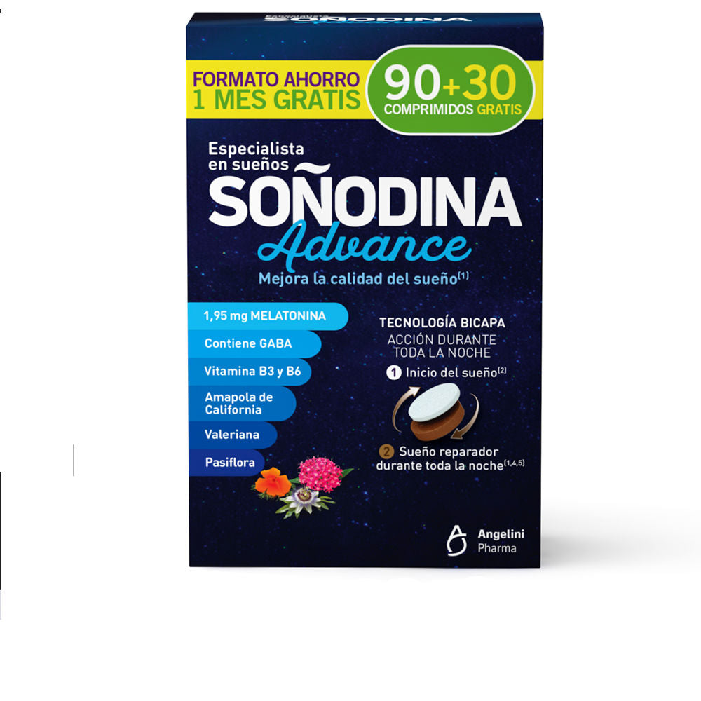 Natura Essenziale Dark blue and white cardboard box with yellow, green and light-blue accents, text blocks, two tablet illustration, and floral images