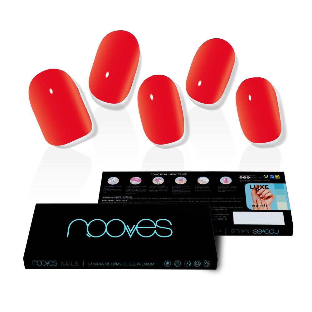 Boxed set of 20 crimson pre-cured gel nail sheets with buffer and orange stick