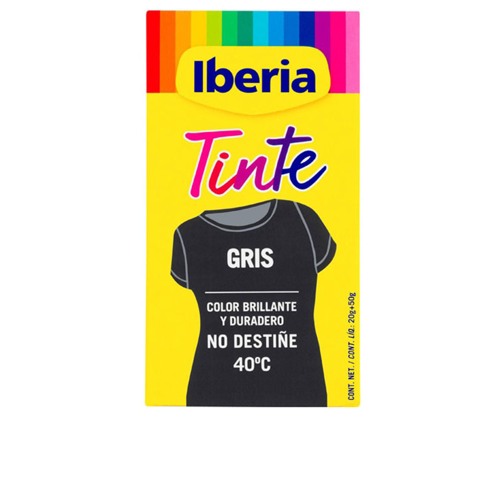 Iberia Warm yellow fabric dye bottle with colorful stripes, t-shirt illustration, bold brand name, temperature icon