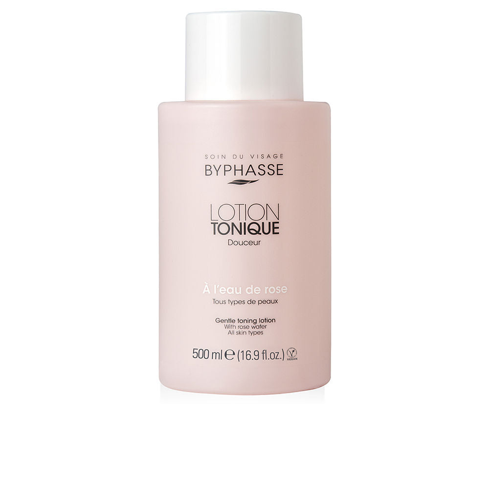 Clear 500 ml bottle of rose water facial tonic with soft pink label