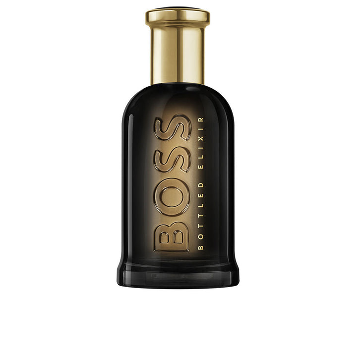 Glossy black glass parfum bottle with brushed gold cap, 100 ml vial