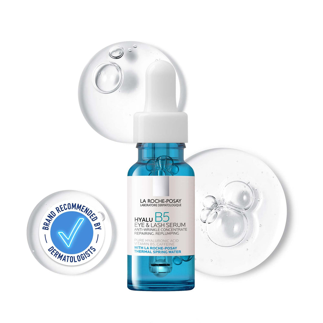 15 ml glass bottle of Hyaluronic B5 eye serum with dropper, clear solution