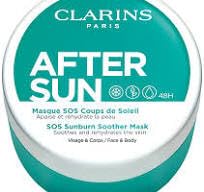 Clarins Cooling pale-blue tube of after-sun gel-cream mask, soothing texture and clean minimalist packaging