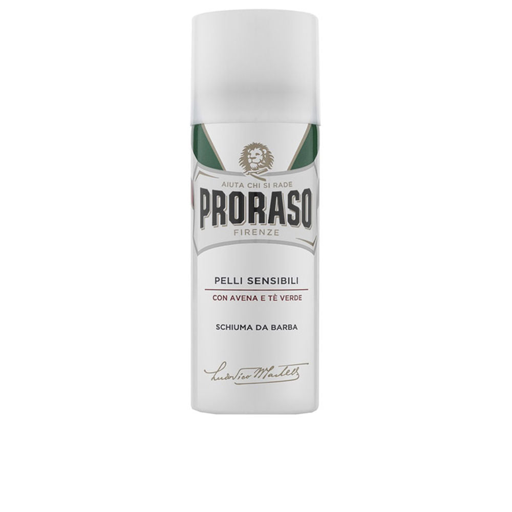 White shaving foam can with pump; avocado and green tea details