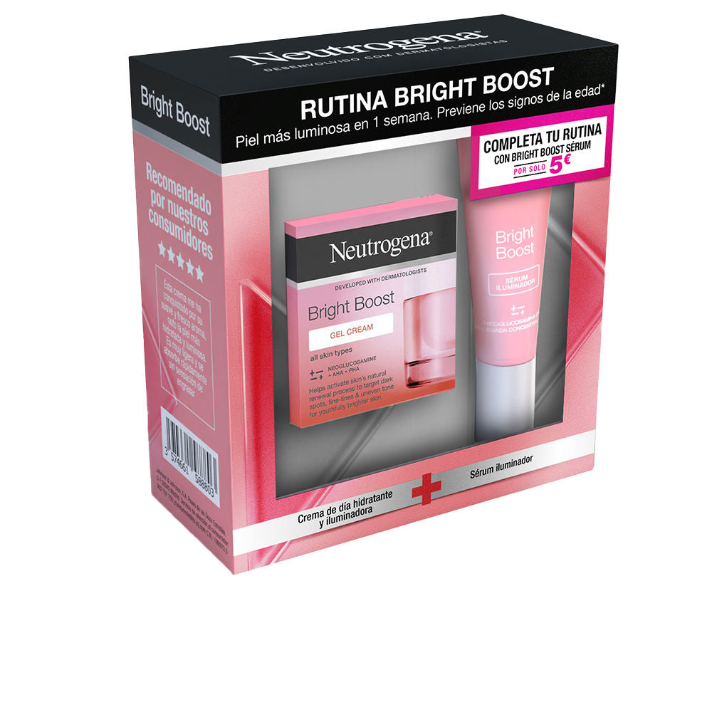 Neutrogena Modern skincare set with gradient pink box, two plastic tubes and container, black and white text labels, refined clean styling .