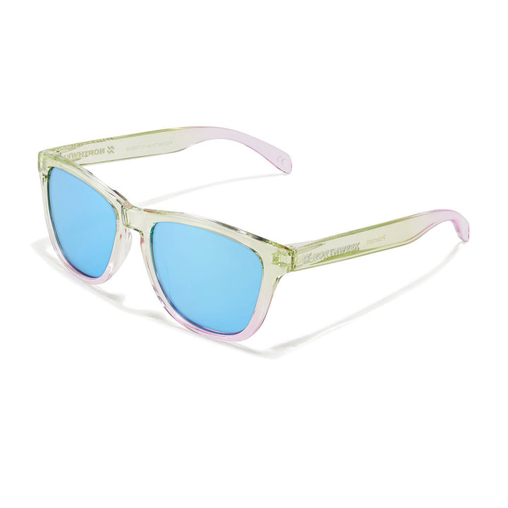 Unisex square sunglasses with gradient mint green to pink lenses, polycarbonate frame