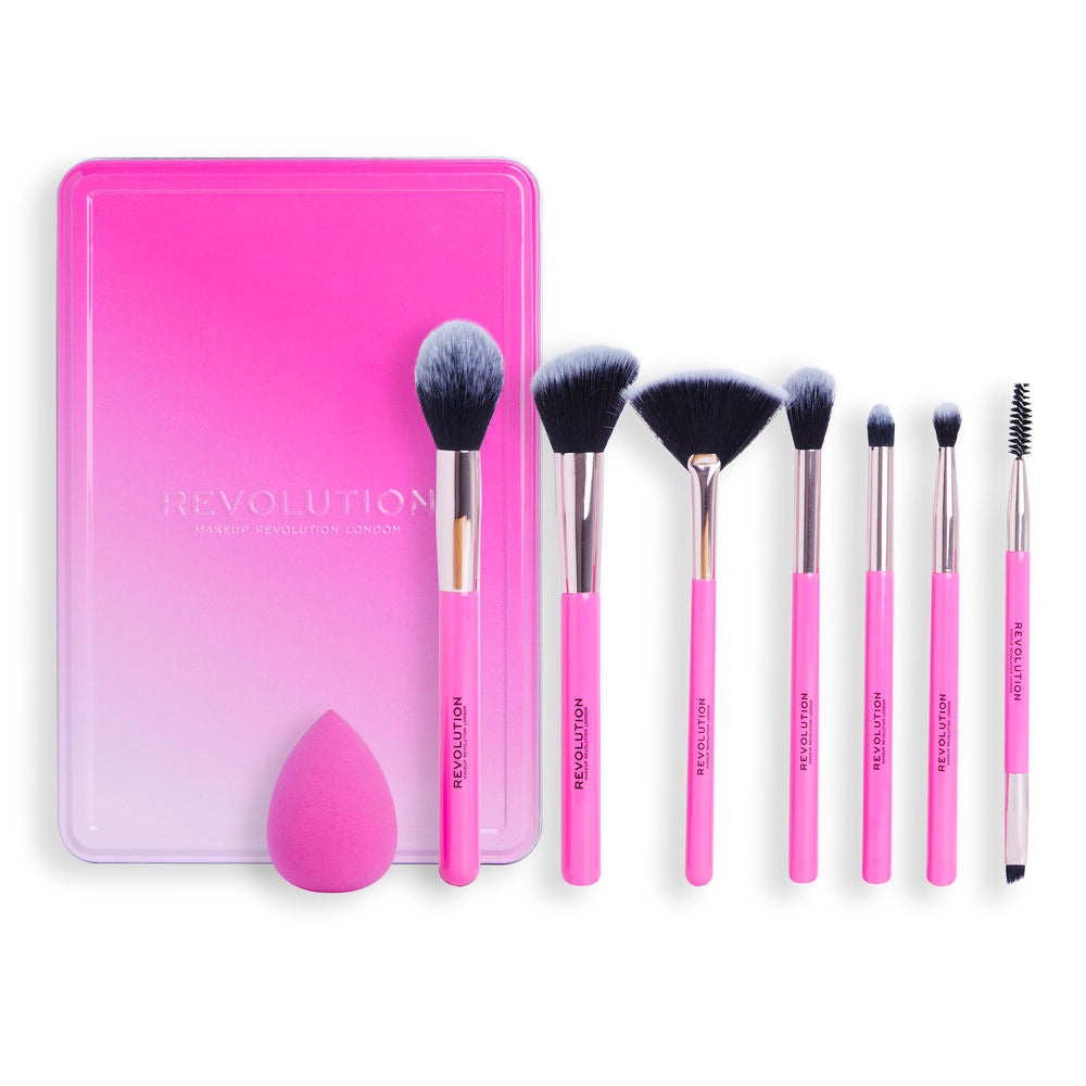 Revolution Make Up Pink modern makeup brush set with plastic handles, synthetic black-and-white bristles, metallic ferrules