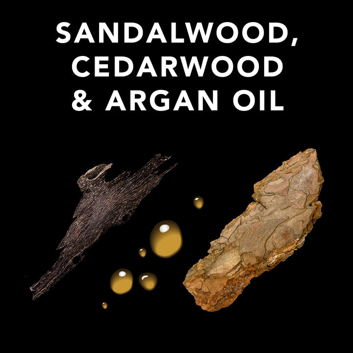 95 ml clear bottle of lightweight argan and sandalwood hair oil with pump dispenser