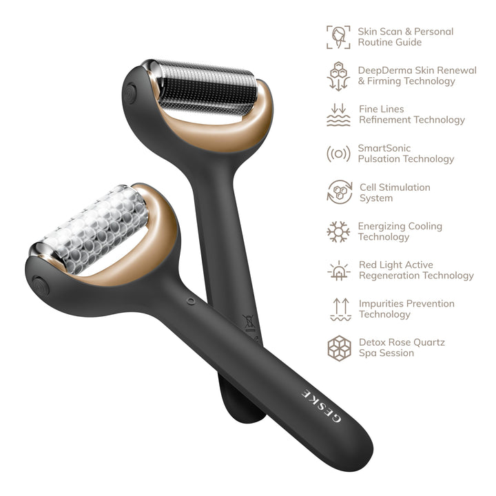 Black 8‑in‑1 smart microneedle facial and body roller with app guidance