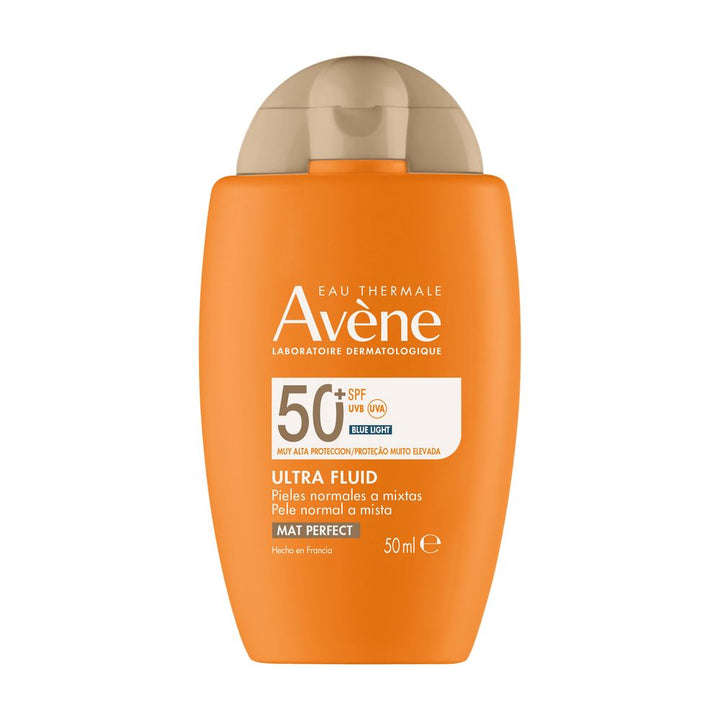 Avène Compact rectangular plastic sunscreen lotion bottle with flip-top cap, yellow and orange printed design