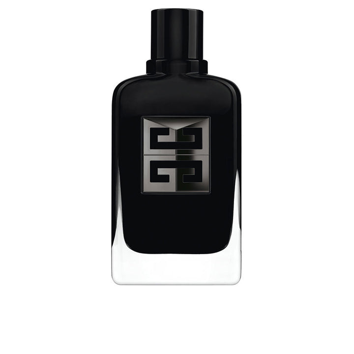 Givenchy Black glass perfume bottle with rectangular shape, metallic logo plaque, glossy finish, rounded edges