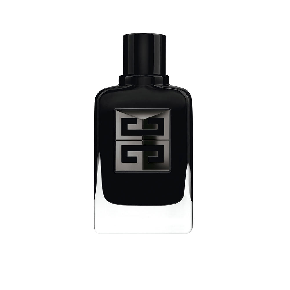 Givenchy Black glass perfume bottle with rectangular shape, metallic logo plaque, glossy finish, rounded edges