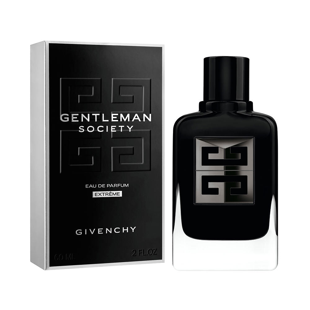 Givenchy Black glass perfume bottle with rectangular shape, metallic logo plaque, glossy finish, rounded edges