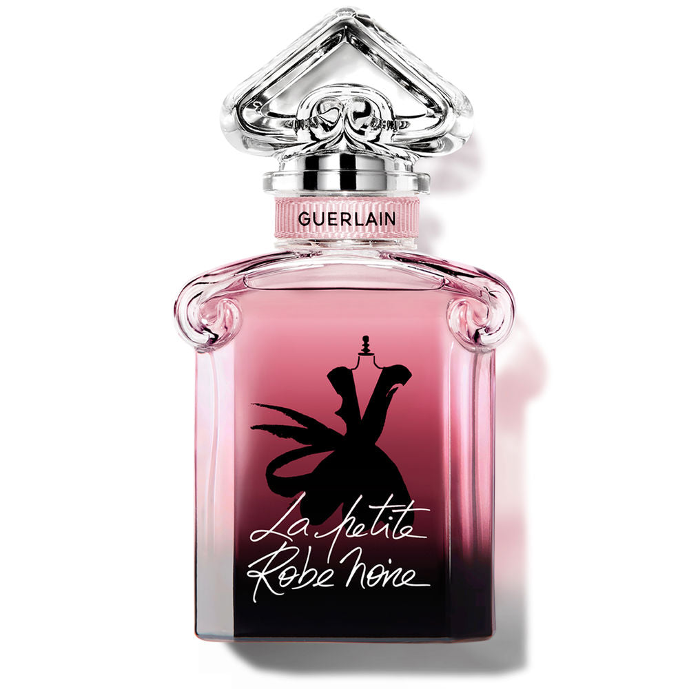 Guerlain Glass perfume bottle with pink-to-black gradient, ornate shape, clear decorative cap, ribbon