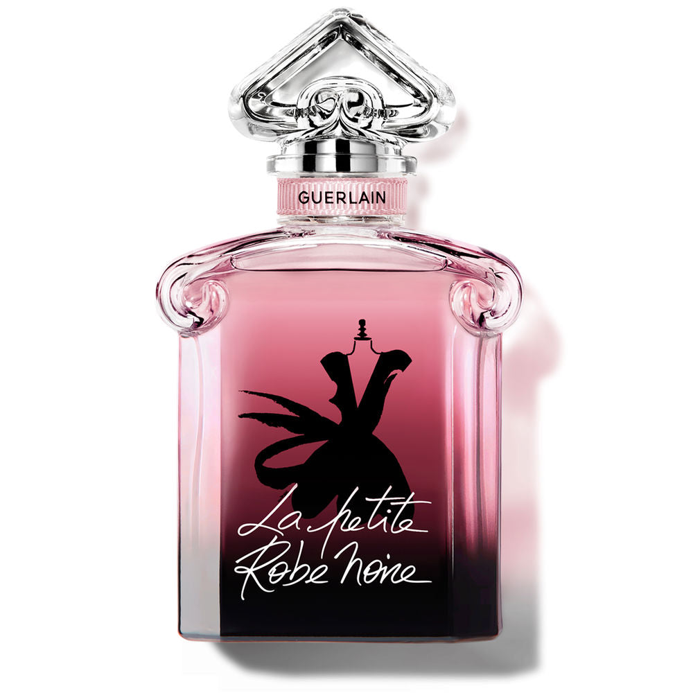 Blue liquid in inverted‑heart glass bottle with illustrated black dress, 50 ml women’s perfume