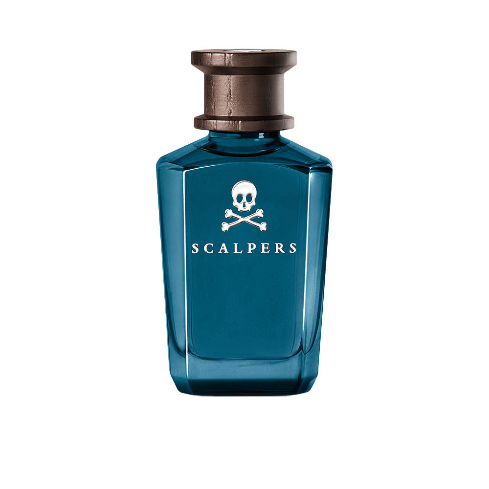 Scalpers Yacht Club eau de parfum bottle beside ocean-inspired backdrop