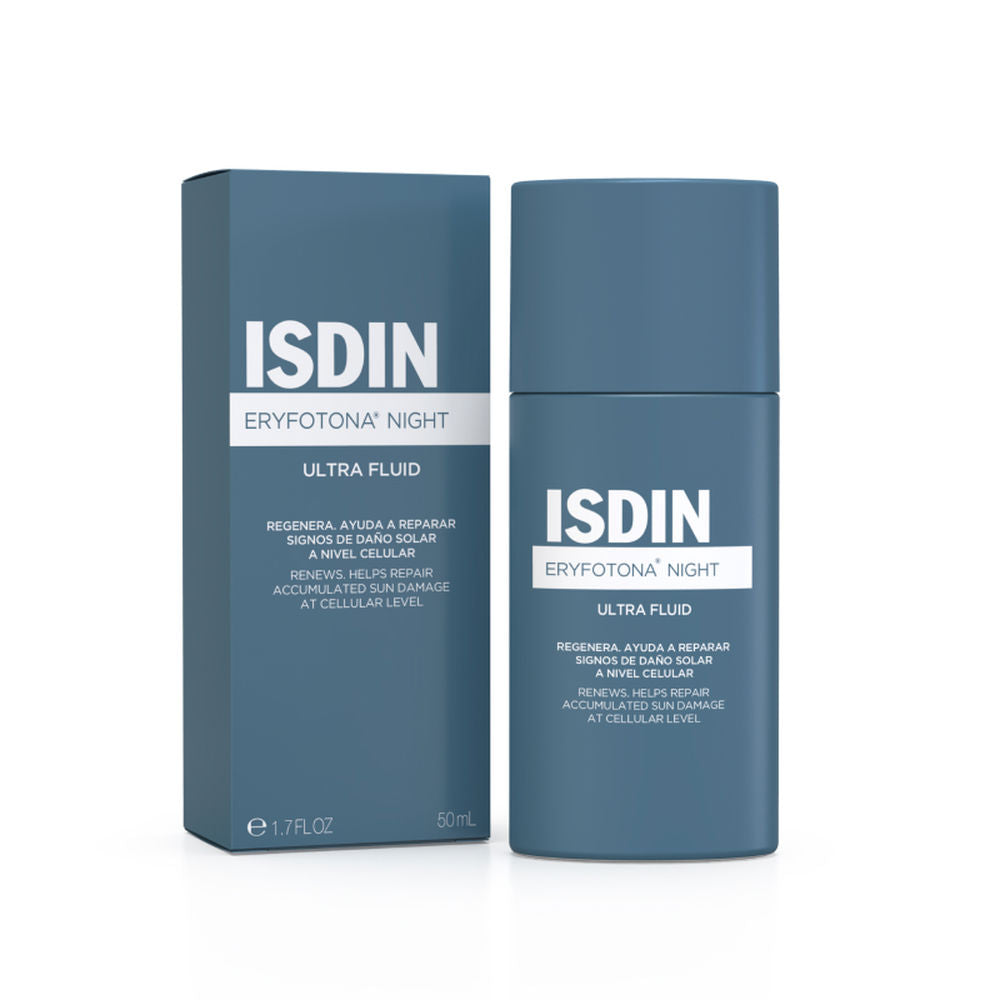 Isdin Blue plastic serum bottle and cardboard box with minimalist text print, modern skincare presentation