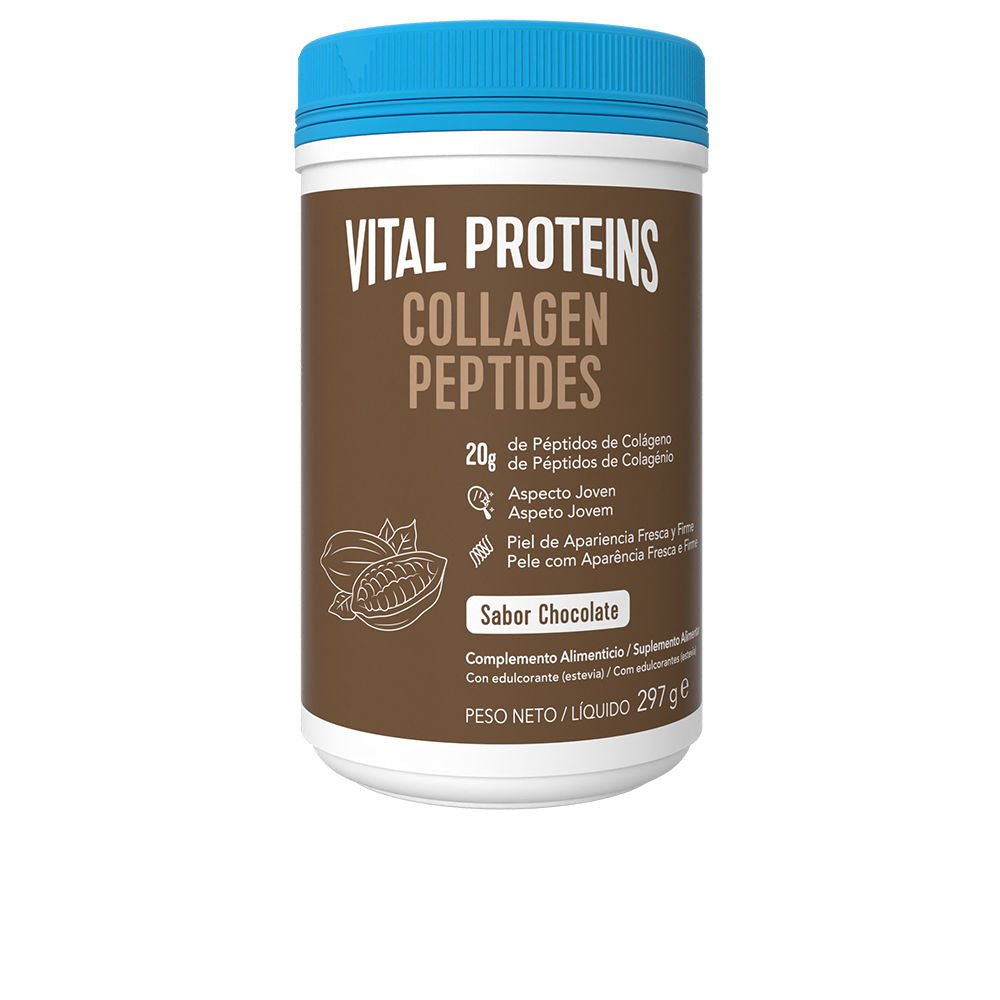 Vital Proteins Plastic brown and blue container with screw cap, white label showing text and illustrations