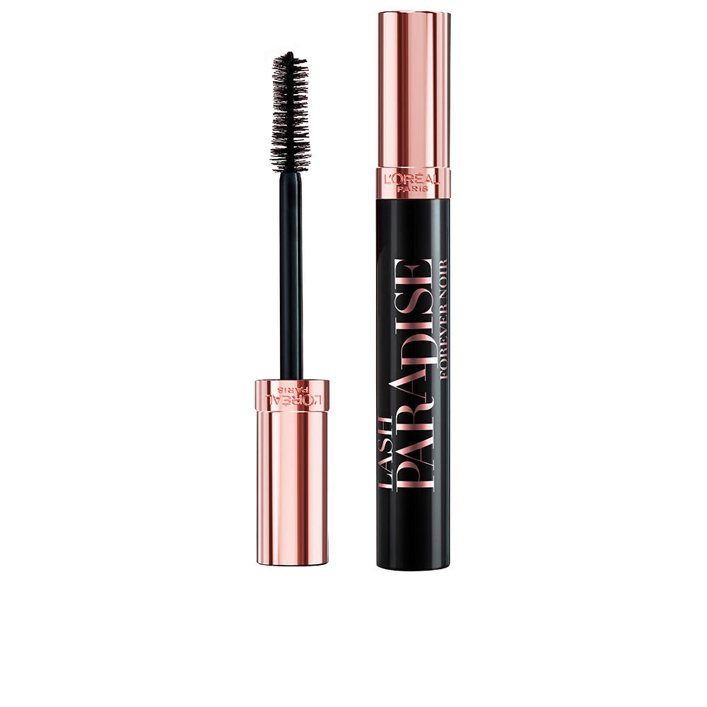 L'Oréal Paris Black mascara tube with metallic rose-gold cap, soft-bristled wand, printed tube text