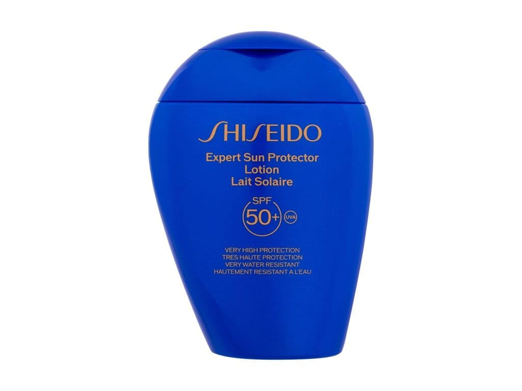Shiseido sunscreen lotion bottle with pump, smooth opaque white tube and minimalist label detailing
